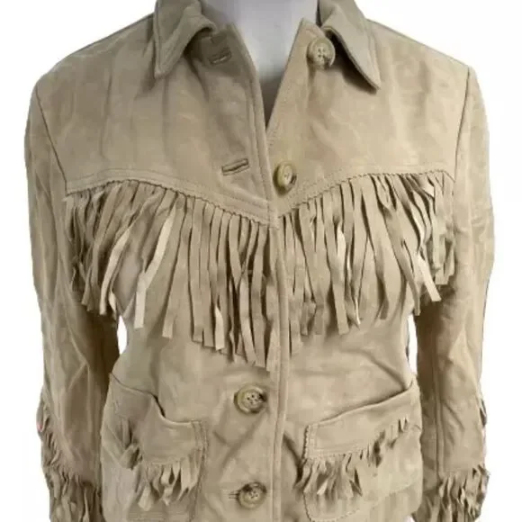 Lauren Ralph Lauren Women’s Fringe Trim Goat Suede Jacket Western Beige NWT $650 - Picture 8 of 16